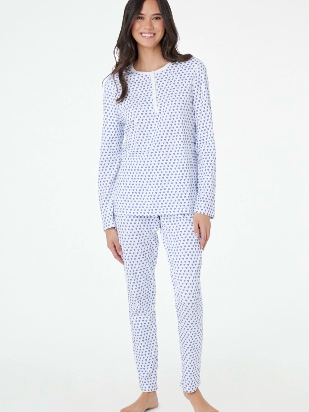 Cozy Long-Sleeve Heart Print Pajama Set - White & Blue